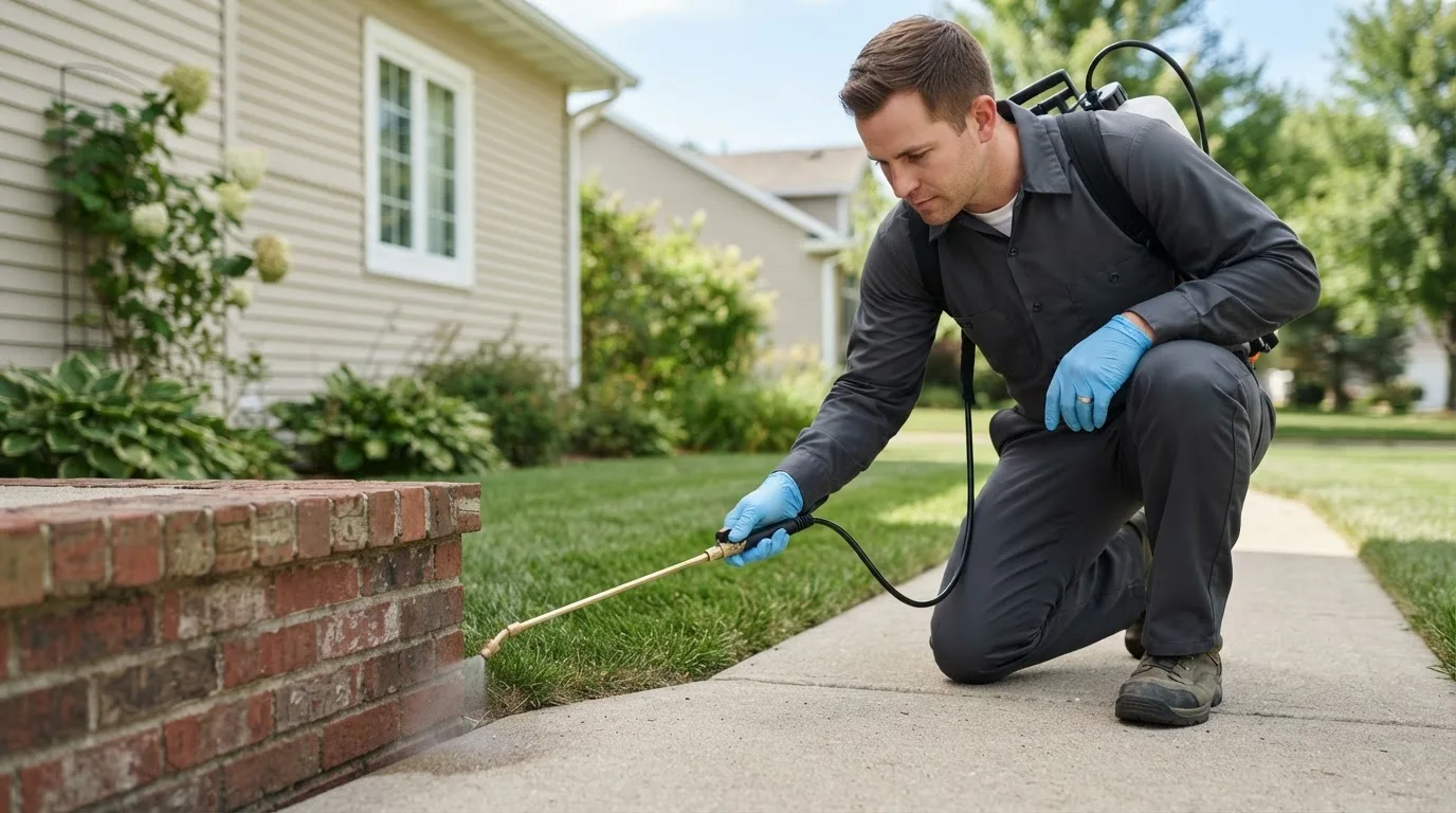 Pest control technician treating a home near Kewanee, MO
