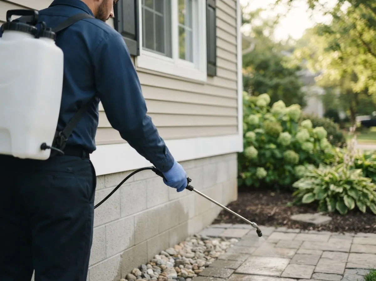 Pest control technician inspecting a home in Kewanee, MO